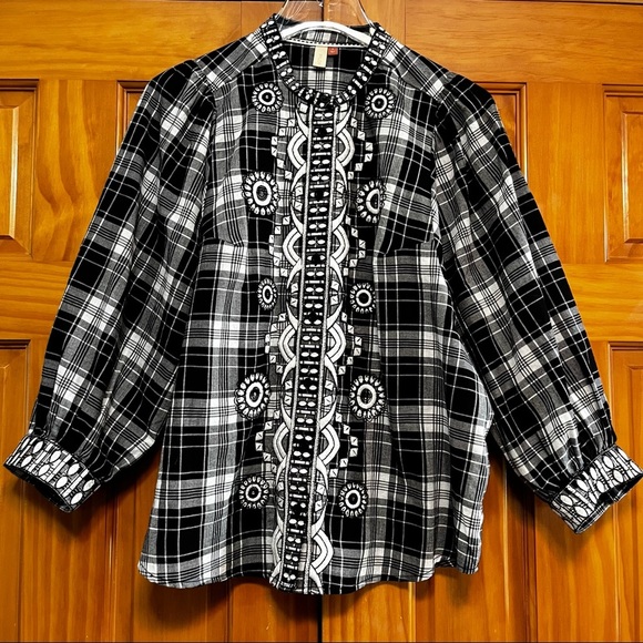 Pilcro and the Letterpress Tops - Pilcro Embroidered Black Plaid Top Small